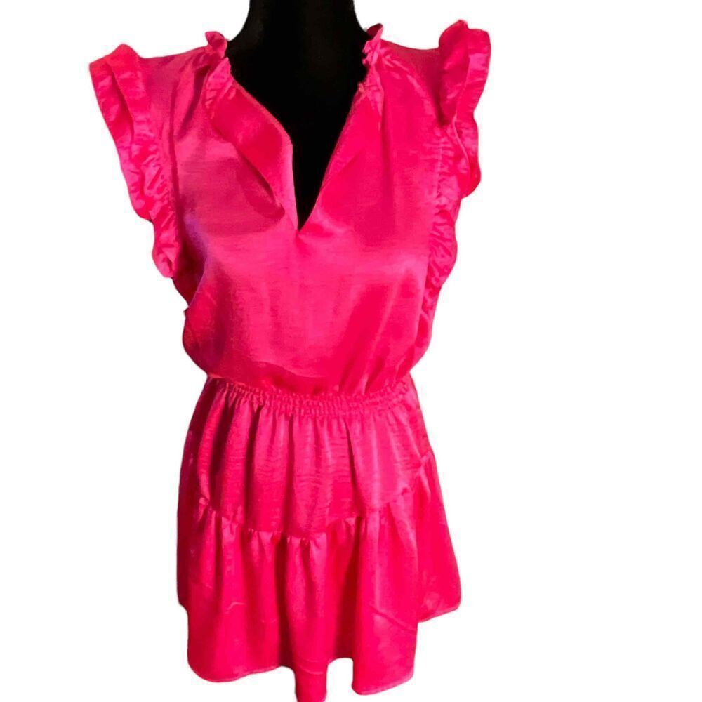 Steve Madden Womens Bright Pink Mini Ruffle V-Neck Gathered Waist Dress Size M